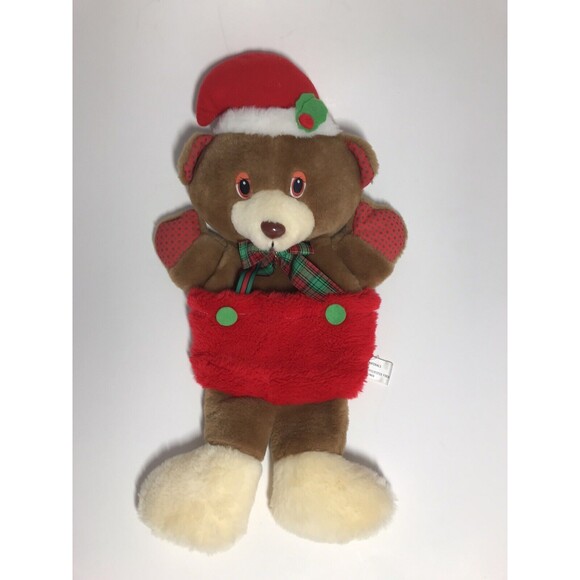 Vintage Christmas Stocking Plush Teddy Bear Tan Brown Red Overalls Santa hat 18" - Picture 9 of 9